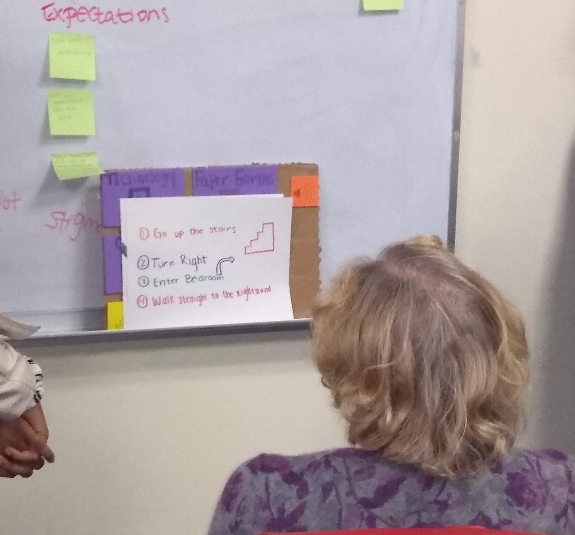 Woman with dementia providing feedback on low fidelity paper prototypes that illustrate a step by step item finder